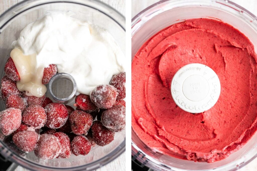 Homemade strawberry frozen yogurt is a delicious, refreshing, healthy dessert made with 4 simple ingredients, no refined sugar, and in less than 5 minutes. | aheadofthyme.com