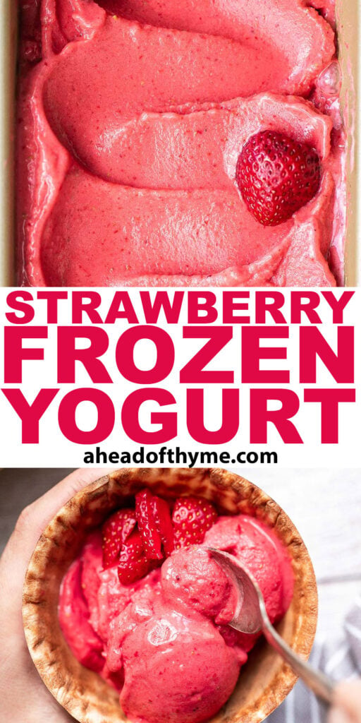 Homemade strawberry frozen yogurt is a delicious, refreshing, healthy dessert made with 4 simple ingredients, no refined sugar, and in less than 5 minutes. | aheadofthyme.com