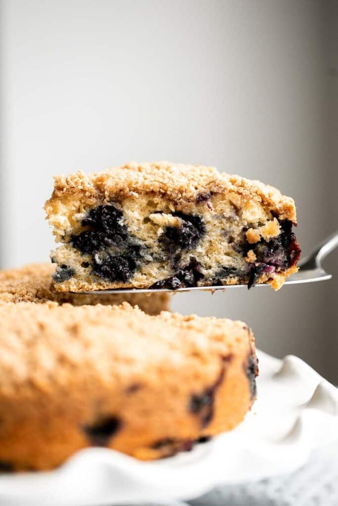 Blueberry buckle cake is soft and moist, loaded with fresh blueberries, and has a crunchy, sweet and buttery streusel topping. It's the best coffee cake. | aheadofthyme.com