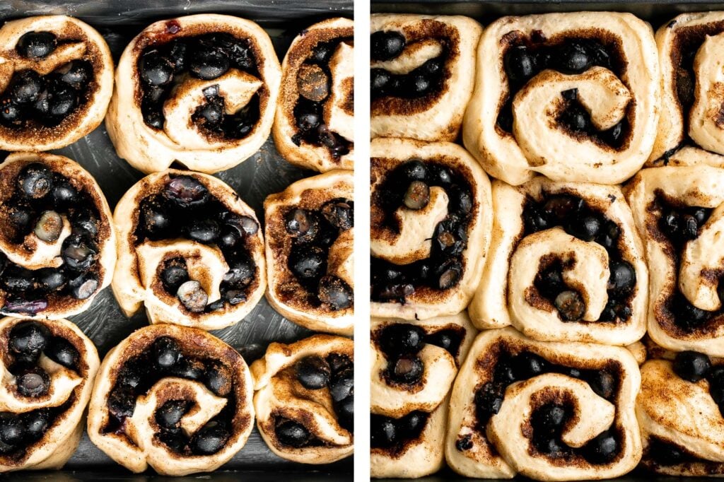 Delicious blueberry cinnamon rolls are soft and fluffy, filled with cinnamon sugar, loaded with fresh blueberries, and topped with cream cheese icing. | aheadofthyme.com