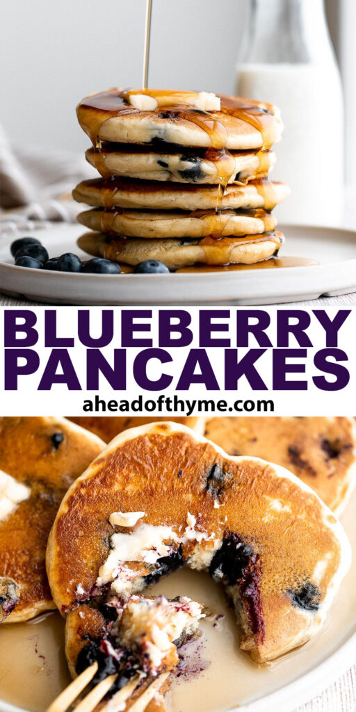 There’s nothing better in the morning than thick, soft, fluffy blueberry pancakes, loaded with fresh berries, topped with butter, and soaked in maple syrup. | aheadofthyme.com