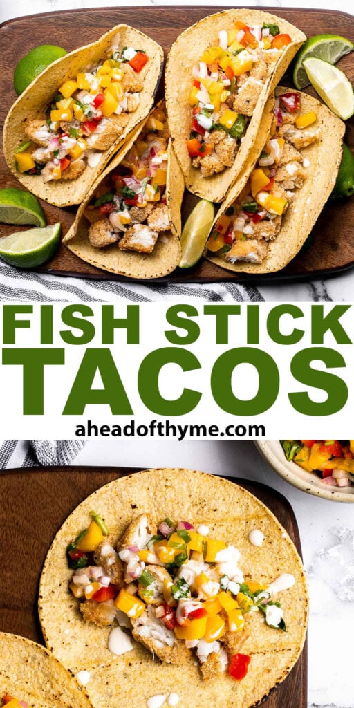 Fish stick tacos are fun, quick, easy, and delicious. Crispy breaded fish sticks are topped with a homemade mango salsa and a drizzle of lime crema. | aheadofthyme.com