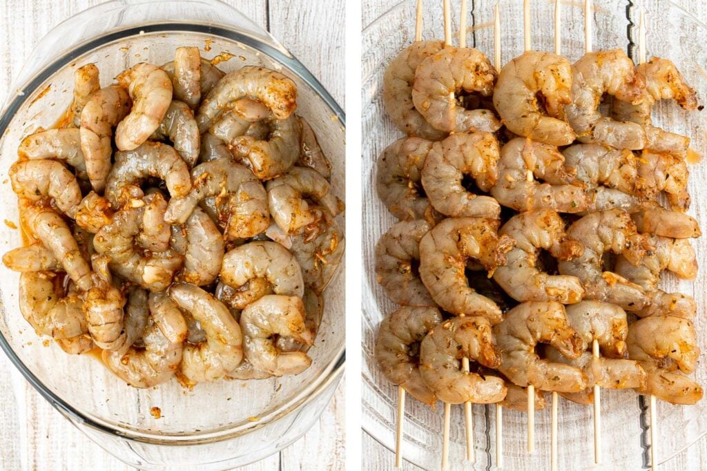 Garlic shrimp skewers are delicious and full of fresh flavor. These quick and easy kabobs can be grilled, baked or air fried for an easy summer dinner. | aheadofthyme.com
