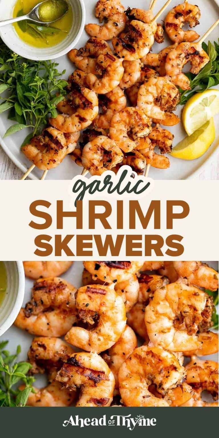 Garlic Shrimp Skewers made with juicy shrimp marinated in garlic, lemon, and herbs, then grilled to perfection for an easy summer dinner or appetizer.
