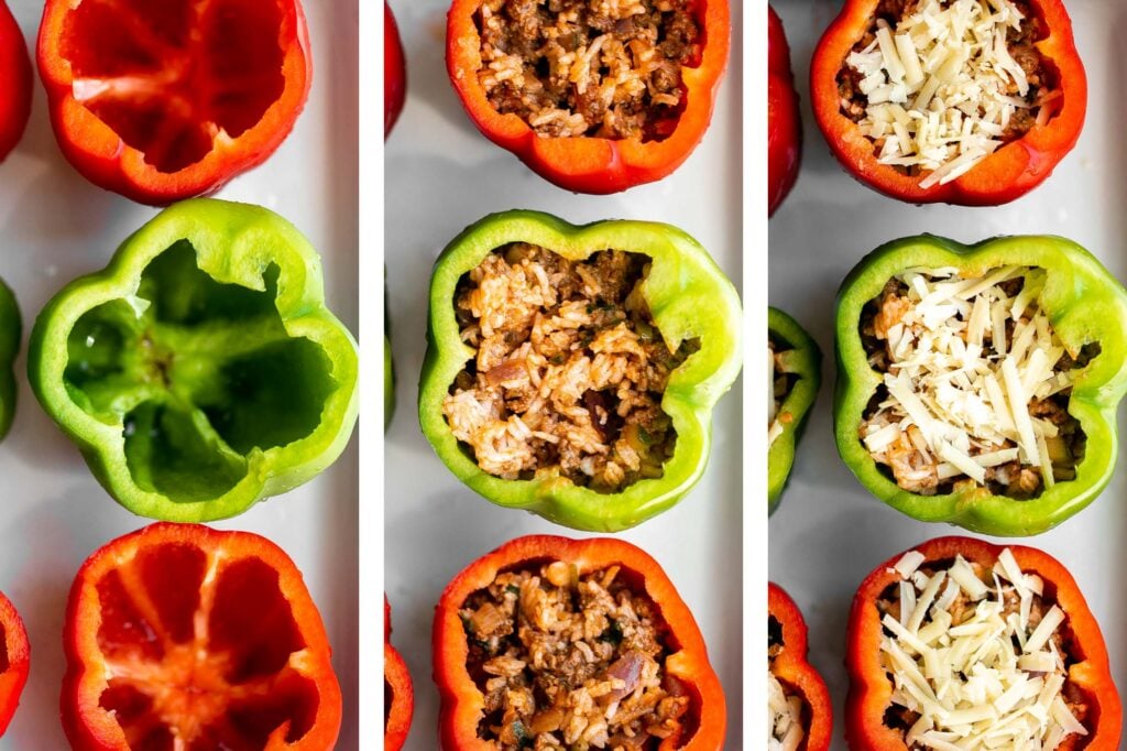 Ground beef stuffed peppers are delicious, healthy, and filling. Stuffed with beef rice and veggies, they're easy to make ahead and freezer-friendly. | aheadofthyme.com