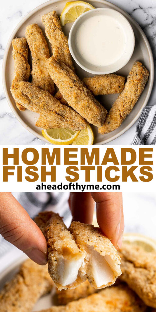 Quick easy baked homemade fish sticks are crispy on the outside, tender and flaky on the inside, and packed with flavor. Kid-friendly + freezer-friendly. | aheadofthyme.com