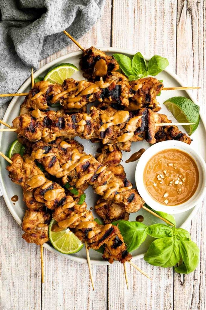 Vietnamese lemongrass chicken skewers are tender, juicy, and flavorful, marinated with fresh lemongrass. Serve these kebabs with peanut dipping sauce. | aheadofthyme.com