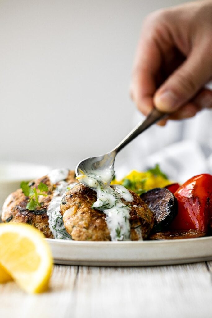 Delicious, moist and juicy Mediterranean chicken patties have everything you want in one bite: protein, veggies, herbs, and they're quick and easy to make. | aheadofthyme.com