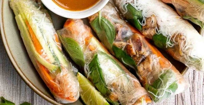 Vietnamese summer rolls with chicken are fresh, light, and healthy. This Asian summer snack takes less than 20 minutes to make and easier than you think. | aheadofthyme.com