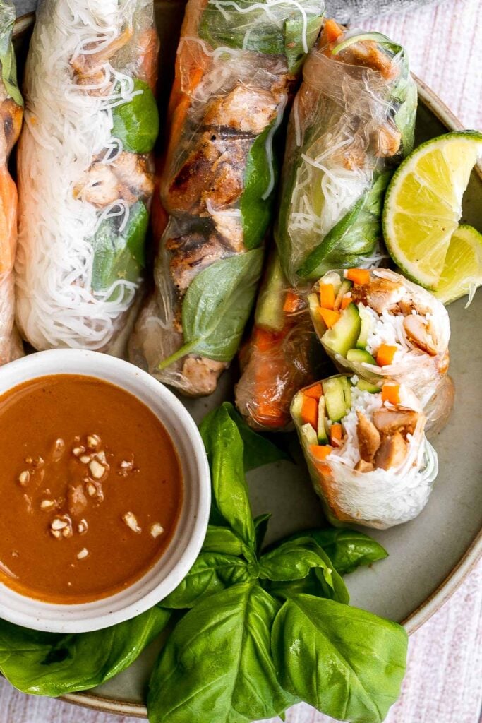 Vietnamese summer rolls with chicken are fresh, light, and healthy. This Asian summer snack takes less than 20 minutes to make and easier than you think. | aheadofthyme.com