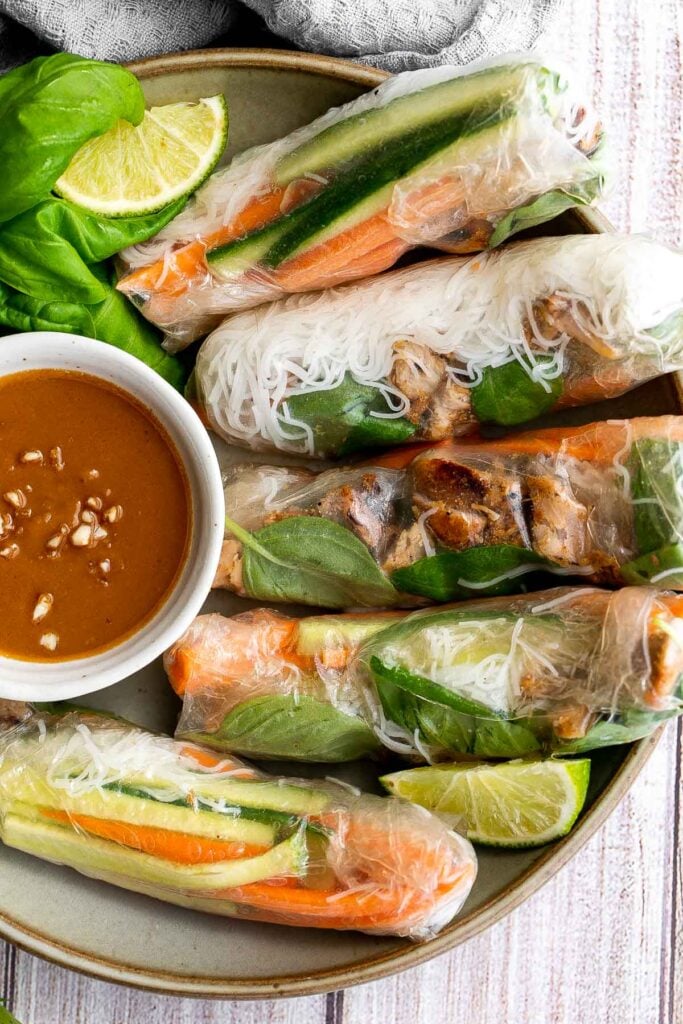 Vietnamese summer rolls with chicken are fresh, light, and healthy. This Asian summer snack takes less than 20 minutes to make and easier than you think. | aheadofthyme.com