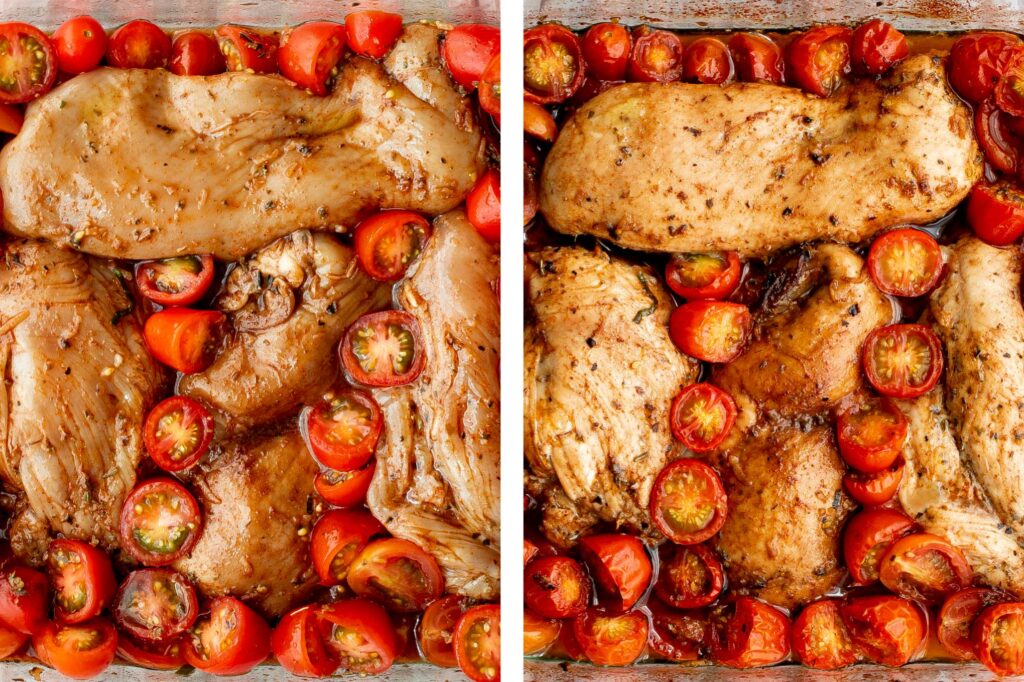 Baked caprese chicken is tender, juicy, and delicious, topped with burst tomatoes, mozzarella cheese, fresh basil, and a drizzle of balsamic glaze. | aheadofthyme.com
