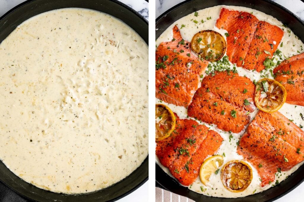 Creamy garlic salmon is a quick easy one-pan meal ready in under 30 minutes, with seared flaky tender salmon tossed in a delicious creamy garlic sauce. | aheadofthyme.com