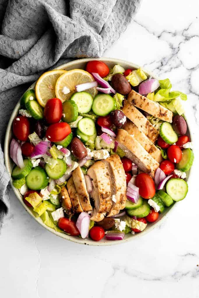 Greek chicken salad is fresh, healthy, and delicious, packed with classic Mediterranean flavors. Perfect as a light lunch or dinner, or for meal prep. | aheadofthyme.com