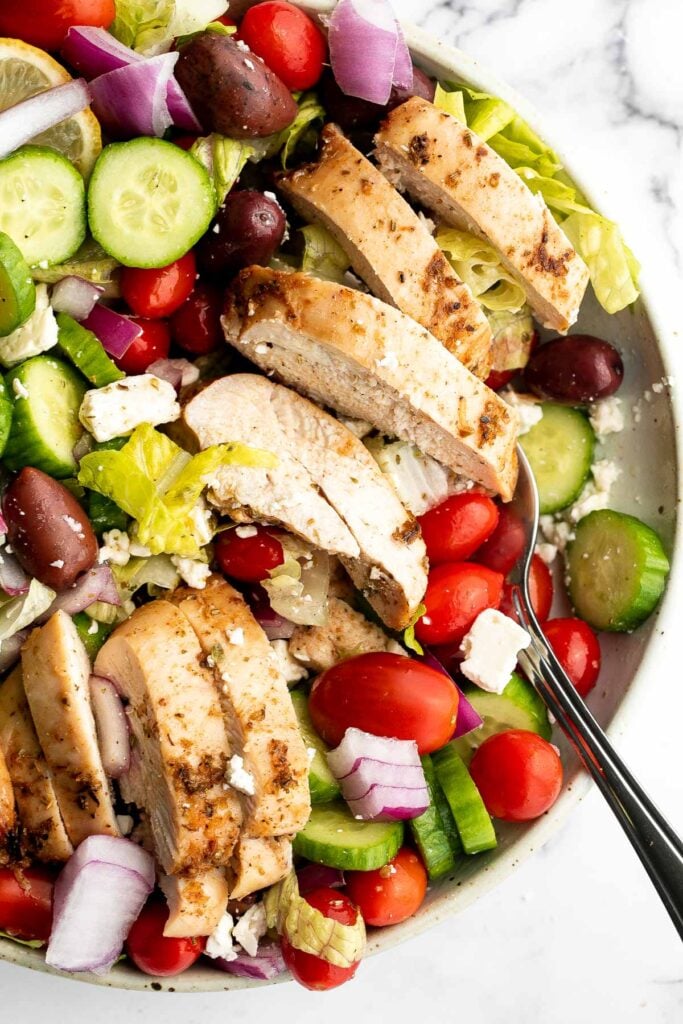 Greek chicken salad is fresh, healthy, and delicious, packed with classic Mediterranean flavors. Perfect as a light lunch or dinner, or for meal prep. | aheadofthyme.com