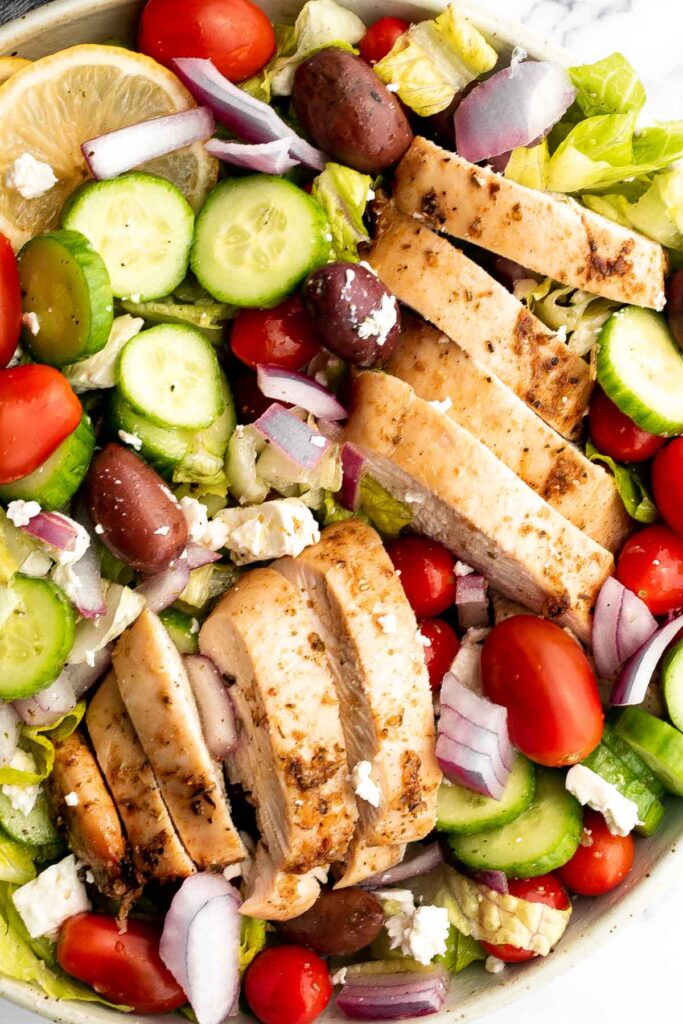 Greek chicken salad is fresh, healthy, and delicious, packed with classic Mediterranean flavors. Perfect as a light lunch or dinner, or for meal prep. | aheadofthyme.com