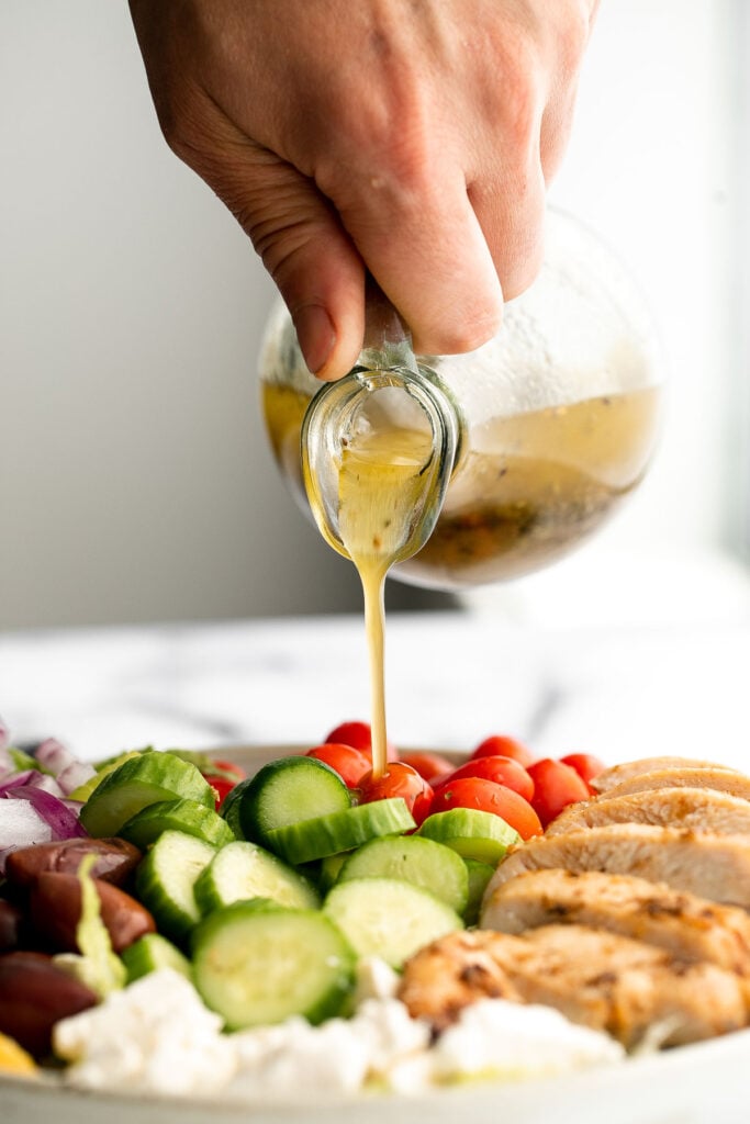 Homemade Greek salad dressing is light, fresh, and flavorful. Quick and easy, and so much better, tastier, and healthier than store-bought. | aheadofthyme.com