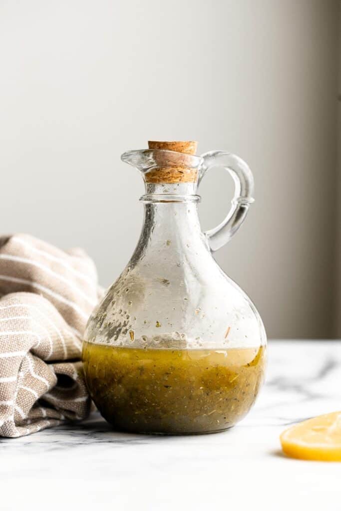 Homemade Greek salad dressing is light, fresh, and flavorful. Quick and easy, and so much better, tastier, and healthier than store-bought. | aheadofthyme.com