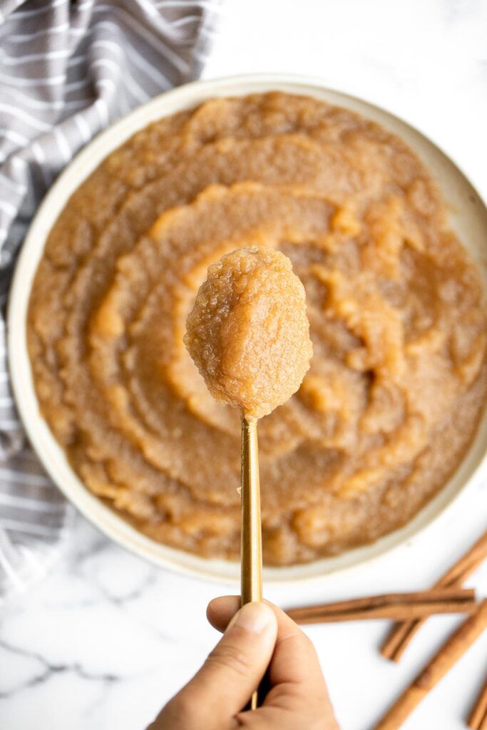 Homemade applesauce is a quick and easy fall treat with just 3 ingredients and very little time and effort. Serve it as a healthy snack or dessert. | aheadofthyme.com