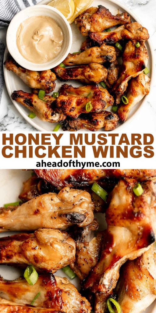 Honey mustard chicken wings are crispy on the outside but juicy and tender inside. Baked in an air fryer or oven, they have the best texture and flavor. | aheadofthyme.com