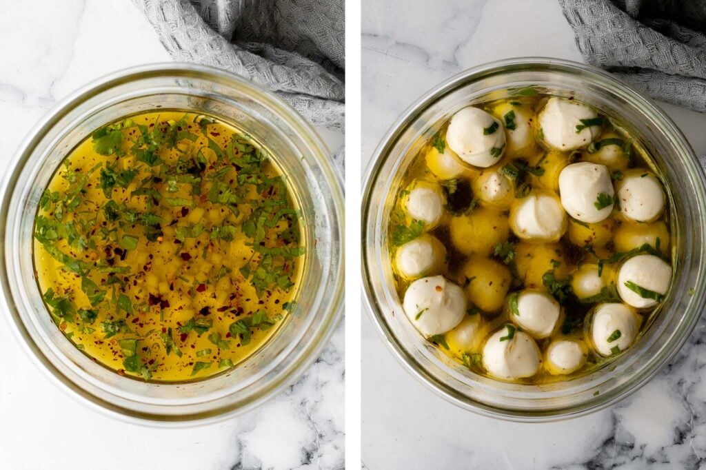 Marinated mozzarella balls is a delicious and simple yet stunning appetizer, made with fresh bocconcini soaked in olive oil, garlic, and fresh herbs. | aheadofthyme.com