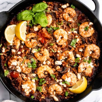 Mediterranean baked shrimp orzo is a complete wholesome one pot meal with delicious sautéed vegetables, juicy shrimp, and orzo pasta. Make it in 30 minutes. | aheadofthyme.com
