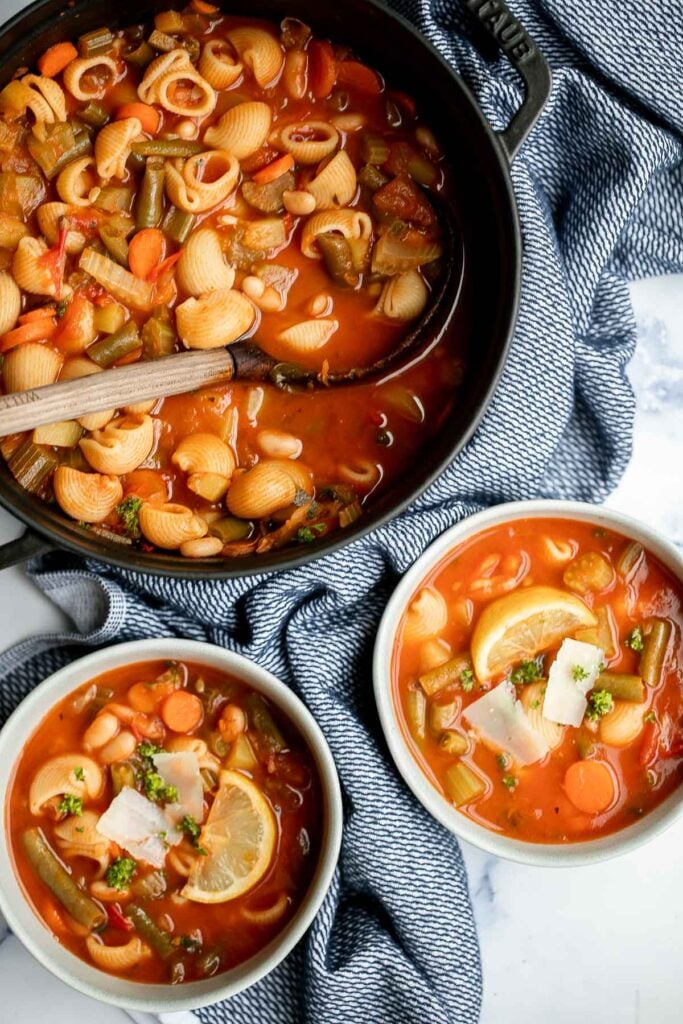 Minestrone soup is a hearty, healthy, nourishing, and delicious classic Italian soup, packed with vegetables and pasta simmered in a rich tomato broth. | aheadofthyme.com