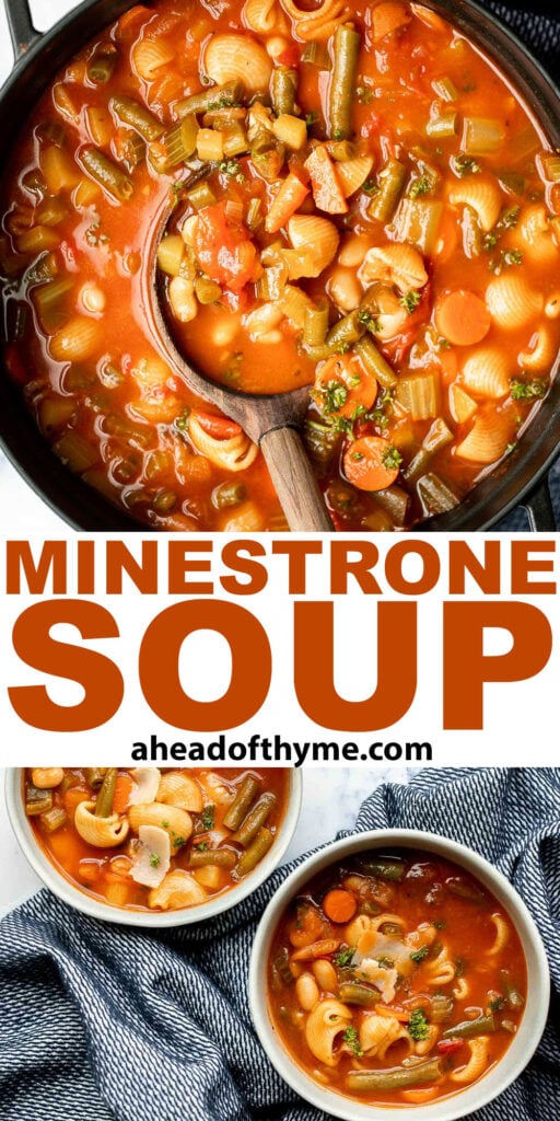 Minestrone soup is a hearty, healthy, nourishing, and delicious classic Italian soup, packed with vegetables and pasta simmered in a rich tomato broth. | aheadofthyme.com