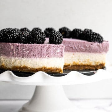 No bake blackberry cheesecake is light, smooth, creamy, and delicious, with a buttery graham cracker crust, cheesecake layer, and blackberry mousse on top. | aheadofthyme.com