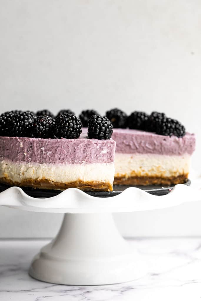 No bake blackberry cheesecake is light, smooth, creamy, and delicious, with a buttery graham cracker crust, cheesecake layer, and blackberry mousse on top. | aheadofthyme.com