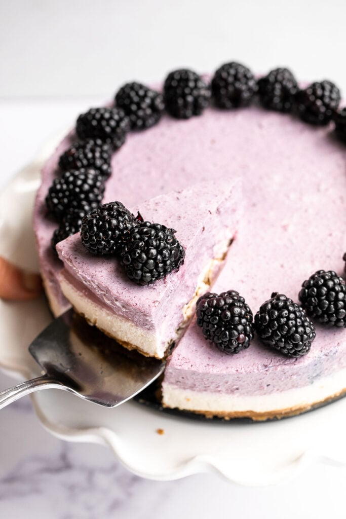 No bake blackberry cheesecake is light, smooth, creamy, and delicious, with a buttery graham cracker crust, cheesecake layer, and blackberry mousse on top. | aheadofthyme.com