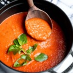 Homemade tomato basil soup is comforting, rich, and smooth. This cozy soup is easy, flavourful, and nourishing, making it so much better than canned. | aheadofthyme.com