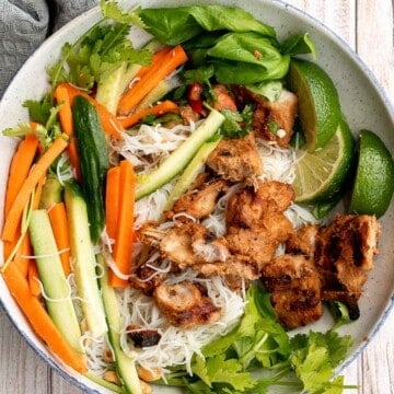 Vietnamese noodle bowl with lemongrass chicken, fresh vegetables and herbs, tossed in a homemade Vietnamese sauce is healthy, delicious, light, and filling. | aheadofthyme.com