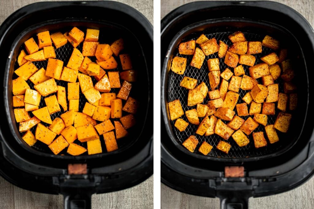 Air fryer butternut squash is a healthy side dish that is crispy on the outside and soft inside. It's faster than roasting in the oven and needs less oil. | aheadofthyme.com