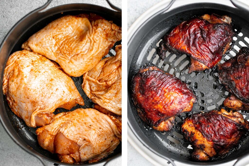 Air fryer chicken thighs are the crispiest, tastiest, and juiciest chicken you'll eat. They take just 25 minutes to cook — perfect for busy weeknights. | aheadofthyme.com
