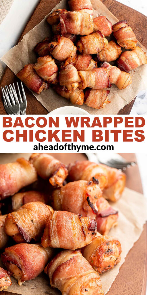 Bacon wrapped chicken bites are one of the best appys ever — well seasoned tender juicy chicken is wrapped in bacon and oven-baked to crisp perfection. | aheadofthyme.com