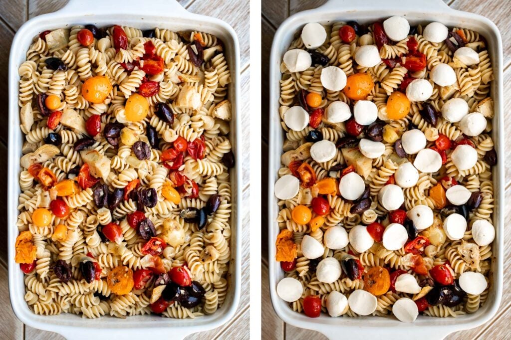 Baked Mediterranean pasta is simple, flavorful, and vibrant, loaded with fresh tomatoes, artichoke hearts, and olives, and topped with mozzarella cheese. | aheadofthyme.com