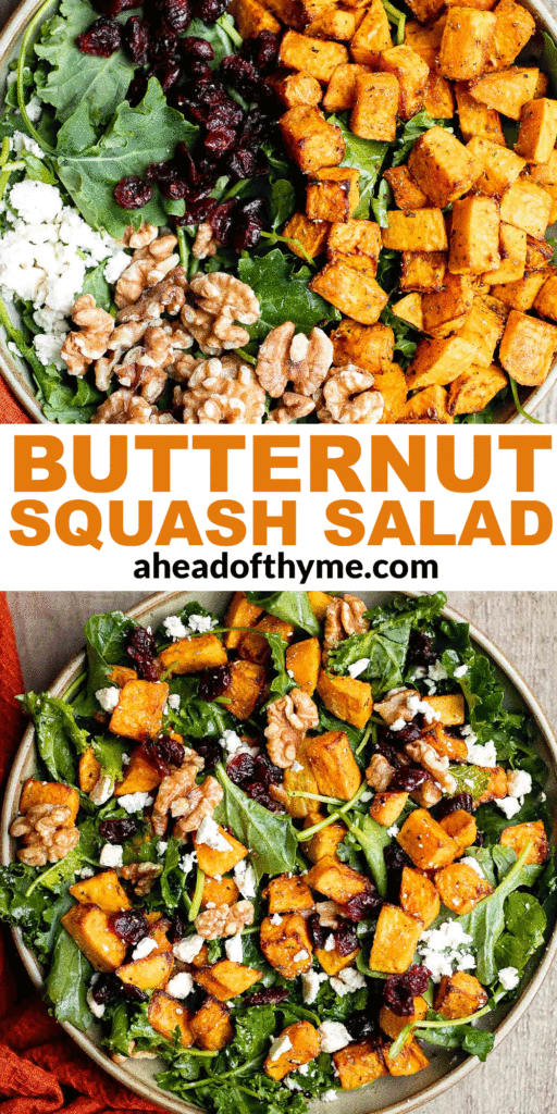 Butternut squash salad is a light meal that's loaded with fall flavors — roasted butternut squash, baby kale, walnuts, dried cranberries, and feta. | aheadofthyme.com