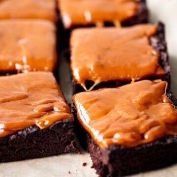 Caramel brownies are rich, moist, and decadent. Baked from the thickest and indulgent chocolate batter and topped with a homemade creamy caramel sauce. | aheadofthyme.com