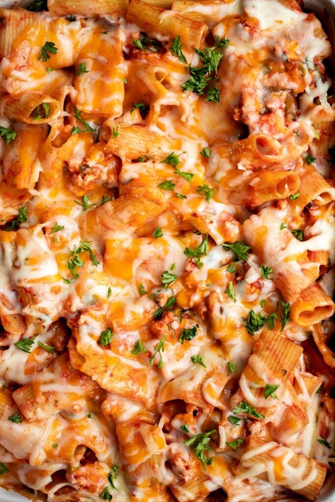 Ground turkey pasta bake is an easy yet impressive meal that is cozy, comforting, and satisfying. A family-friendly casserole dinner ready in 45 minutes. | aheadofthyme.com