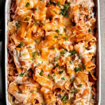 Ground turkey pasta bake is an easy yet impressive meal that is cozy, comforting, and satisfying. A family-friendly casserole dinner ready in 45 minutes. | aheadofthyme.com