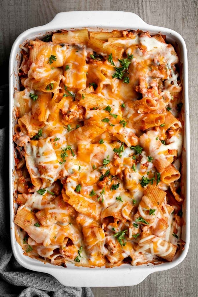 Ground turkey pasta bake is an easy yet impressive meal that is cozy, comforting, and satisfying. A family-friendly casserole dinner ready in 45 minutes. | aheadofthyme.com