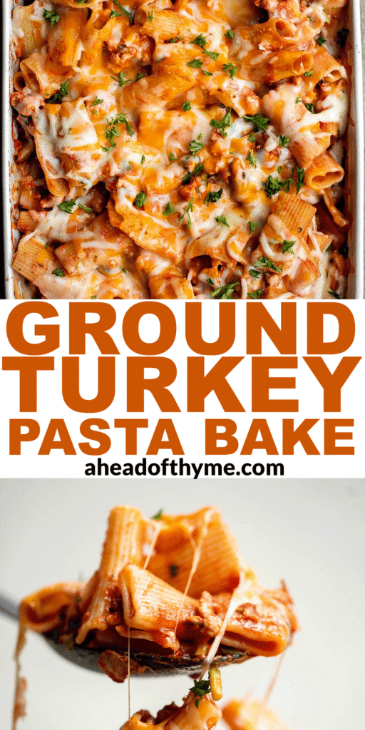 Ground turkey pasta bake is an easy yet impressive meal that is cozy, comforting, and satisfying. A family-friendly casserole dinner ready in 45 minutes. | aheadofthyme.com