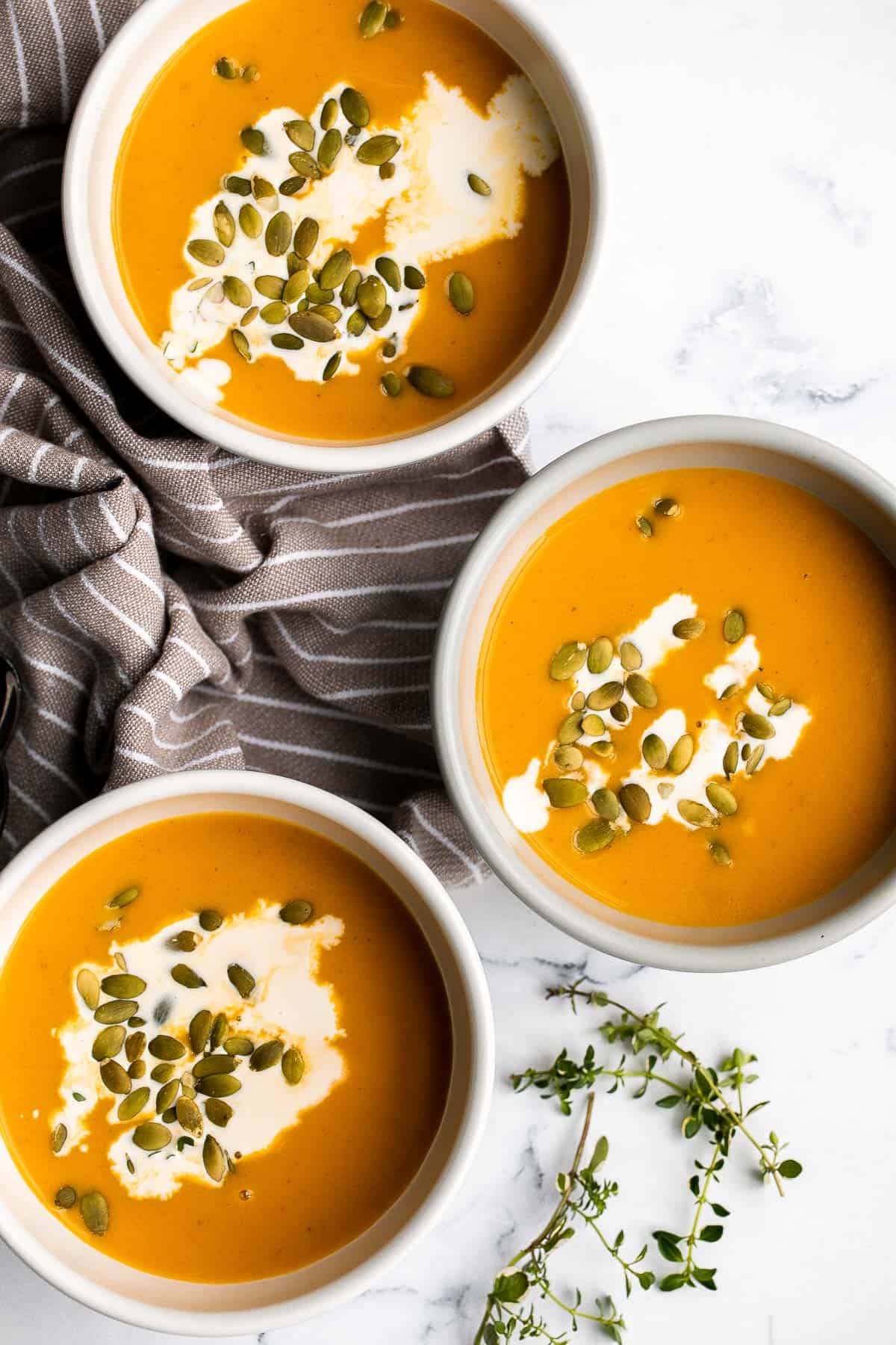 Instant pot butternut squash soup is the perfect fall dish to cook in your pressure cooker — warm, cozy, comforting, and creamy. Make in 15 minutes. | aheadofthyme.com