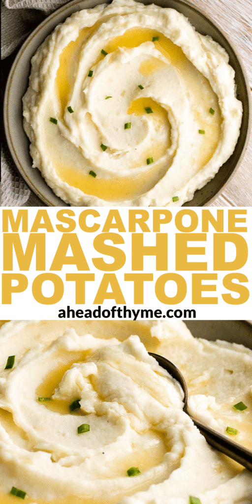 Mascarpone mashed potatoes are creamy, smooth, and comforting. Classic mashed potatoes are given a twist resulting in a super silky and rich mash. | aheadofthyme.com