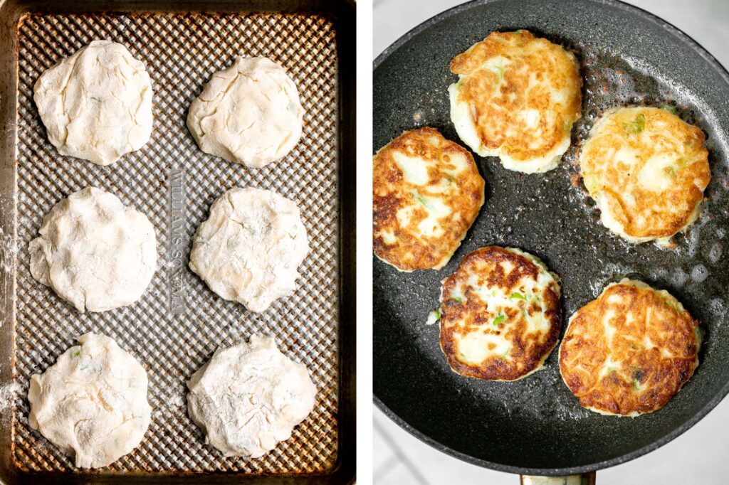 Mashed potato cakes are light and fluffy inside, crispy golden outside, and so delicious and flavorful. The best way to use up leftover mashed potatoes! | aheadofthyme.com