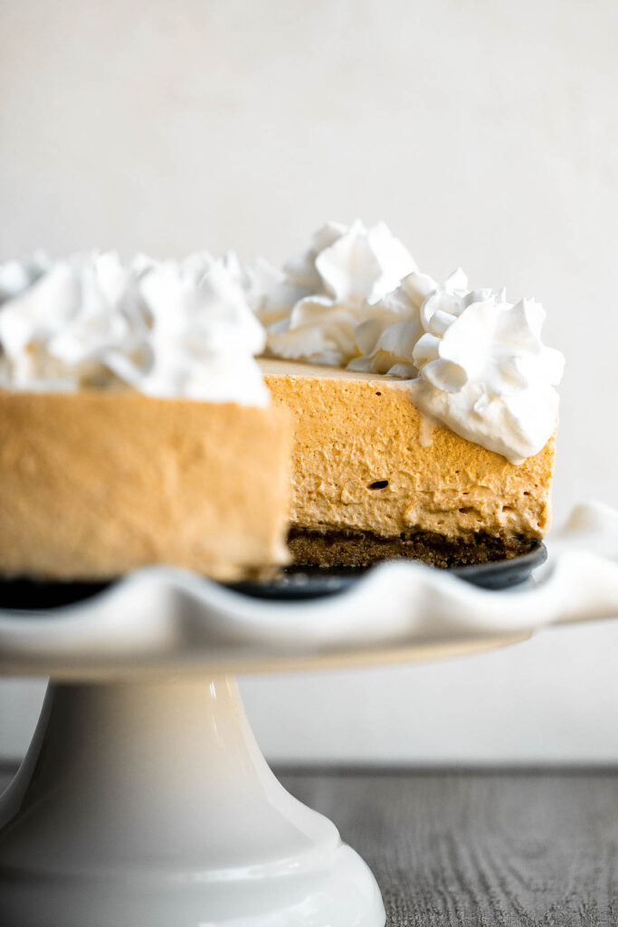 No bake pumpkin cheesecake is the easiest cheesecake to make this fall. It's light, smooth, creamy, and loaded with fall flavors like pumpkin and cinnamon. | aheadofthyme.com