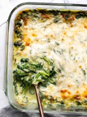 Creamed Spinach Gratin is a rich, cheesy, and creamy side dish with a layer of crispy, melty cheese on top. Easy to make ahead and perfect for holidays. | aheadofthyme.com