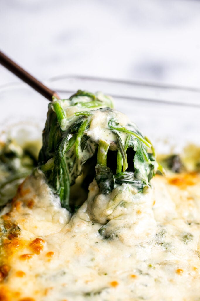 Spinach gratin is a rich and creamy side dish with a layer of crispy melty cheese on top. This fancy side is easy to make ahead and freezer-friendly. | aheadofthyme.com