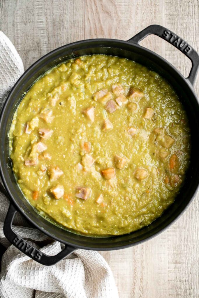 Classic split pea soup is a wholesome, filling, and delicious one pot meal that will warm you up. It's hearty, flavorful, and is loaded with nutrients. | aheadofthyme.com